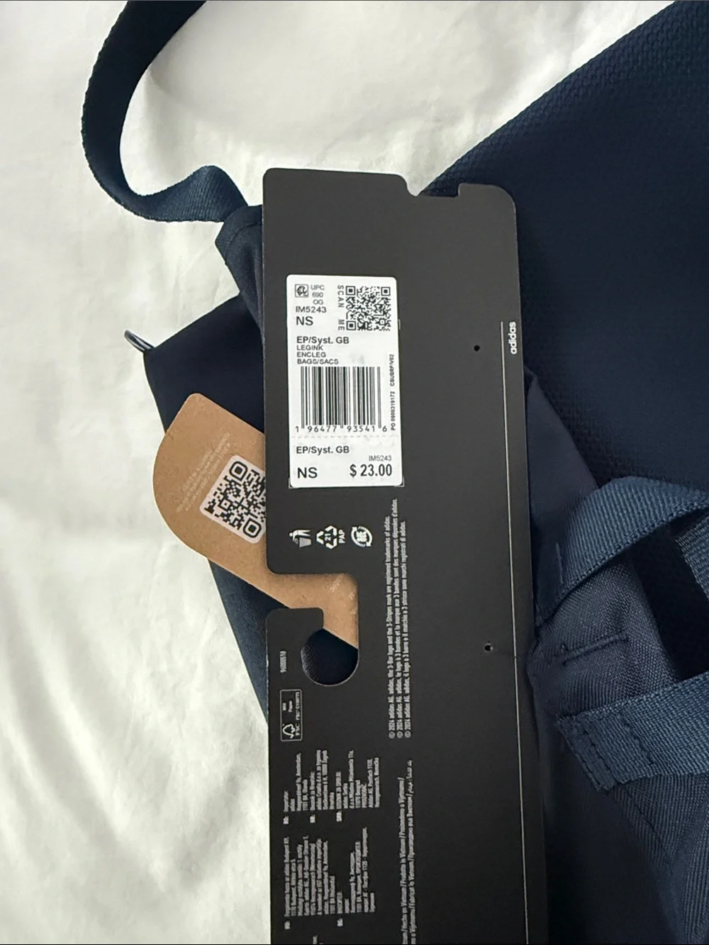 adidas Navy slim Backpack with White Logo and front zipper pocket